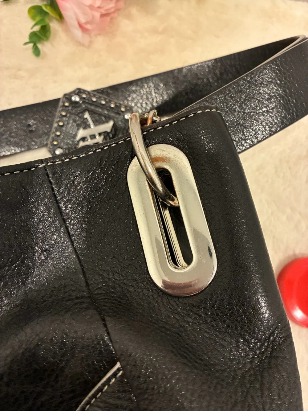 MAXX New York Black Leather Studded Hobo Bag Leopard Scarf Rocker Y2K